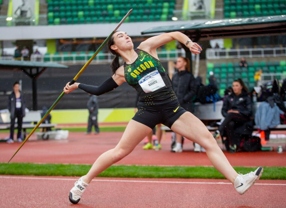 Oregon's Kohana Nakato throws during the women's javelin at the Pac-12 Track & Field Championships at Hayward Field in Eugene on Friday, May 13, 2022.