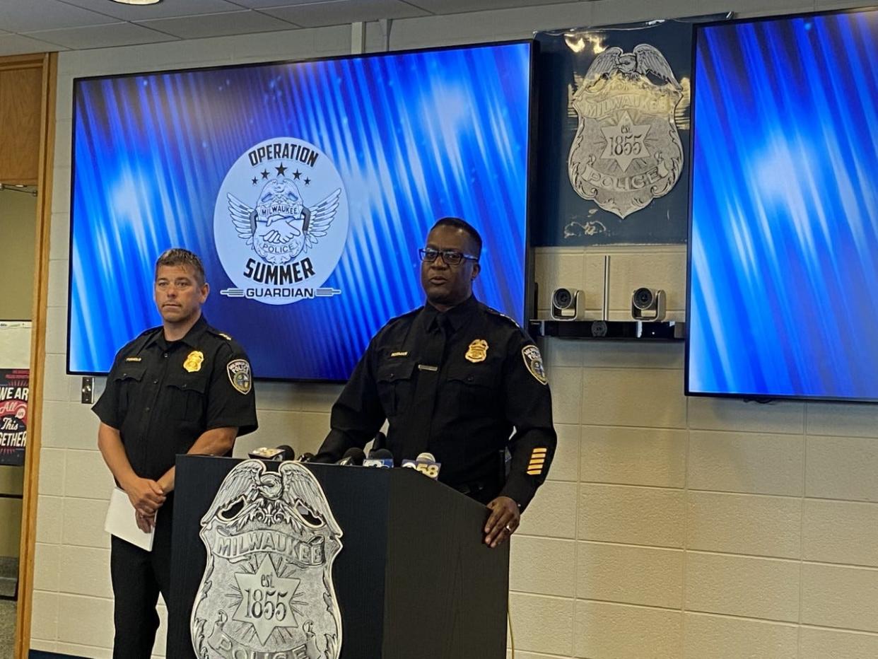 Police Chief Jeffrey Norman, right, and Assistant Chief Paul Formolo, left, introduce Operations Summer Guardian, a new initiative that will deploy special units dedicated to respond to Shotspotter alerts in targeted neighborhoods through the end of summer.