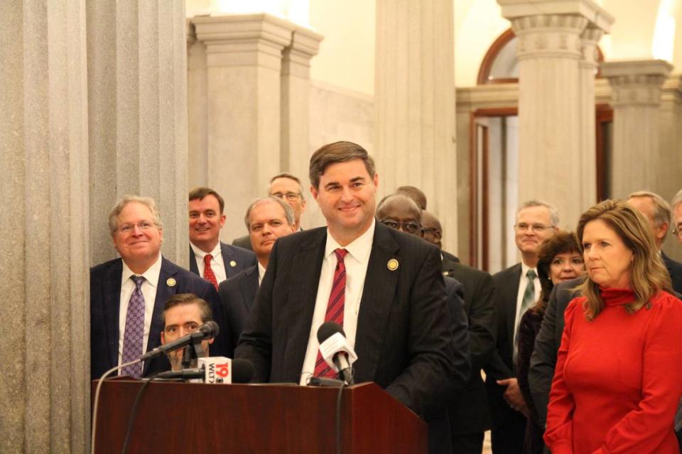 South Carolina House Speaker Murrell Smith speaks Wednesday, March 1, 2023 to celebrate the passage of H. 3532, a bond reform bill.