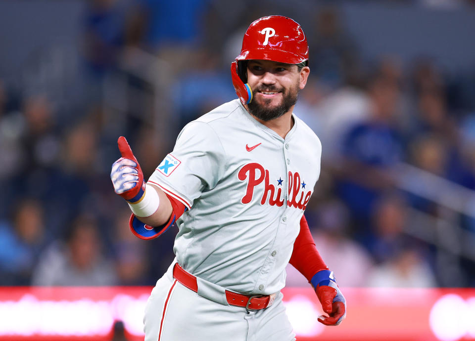 TORONTO, ON - SEPTEMBER 03:  Kyle Schwarber #12 of the Philadelphia Phillies reacts after hitting his third home run of the game in the ninth inning against the Toronto Blue Jays at Rogers Centre on September 03, 2024 in Toronto, Ontario, Canada.  (Photo by Vaughn Ridley/Getty Images)