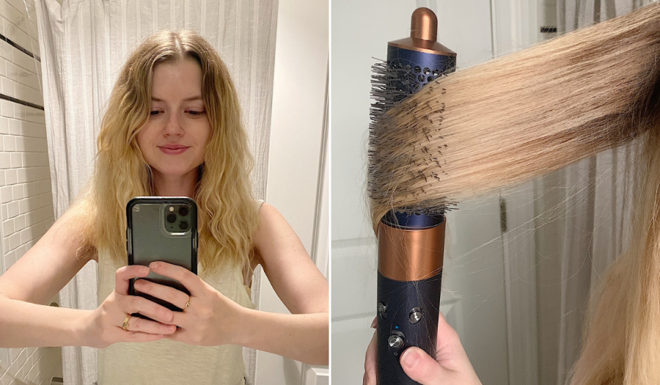 author's hair before using the dyson airwrap / author using the airwrap with a brush attachment