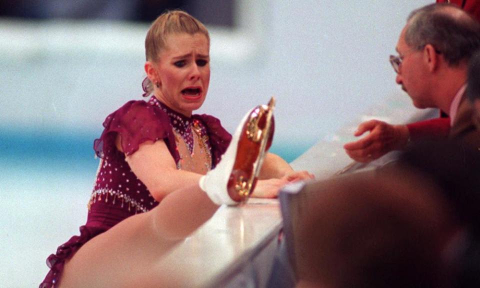 Tonya Harding shows her skate to the judges after interrupting her free skating programme during the Winter Olympics in 1994. 