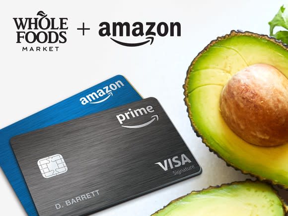 Amazon's co-branded credit cards next to a split avocado.