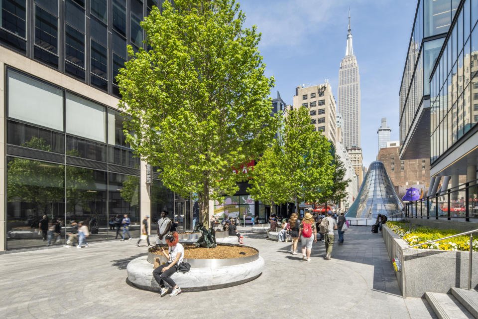 View looking east along the tree-lined pedestrian plaza