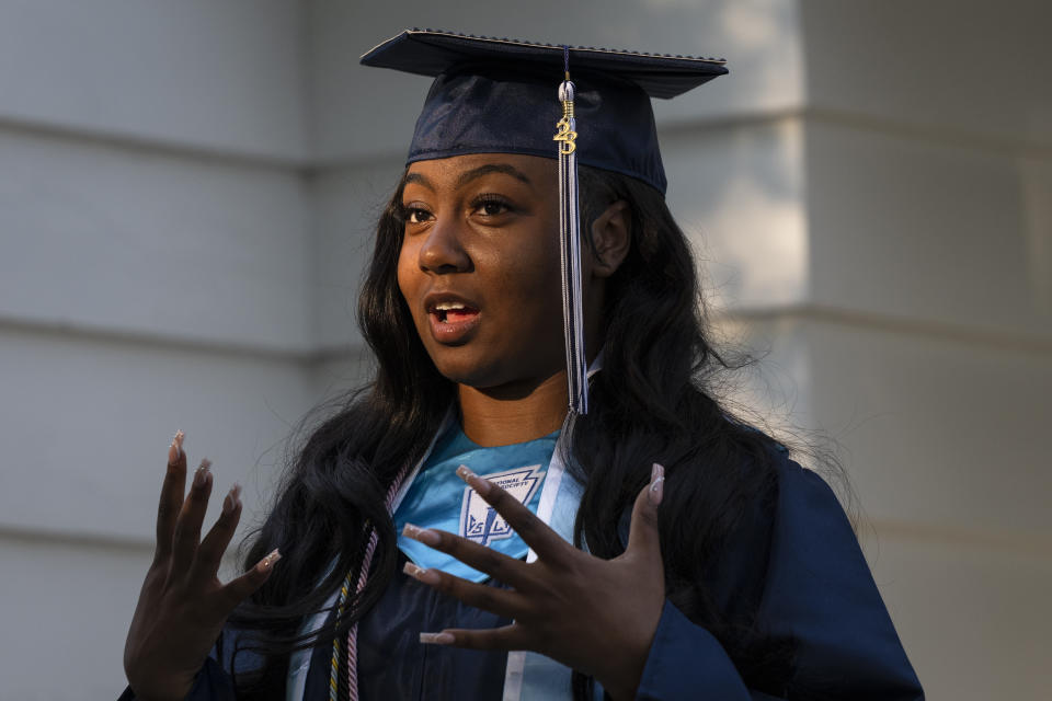 Nylla Miller speaks during an interview with The Associated Press before she departs for her high school graduation ceremony from her home in Aldan, Pa., Thursday, June 15, 2023. (AP Photo/Matt Rourke)