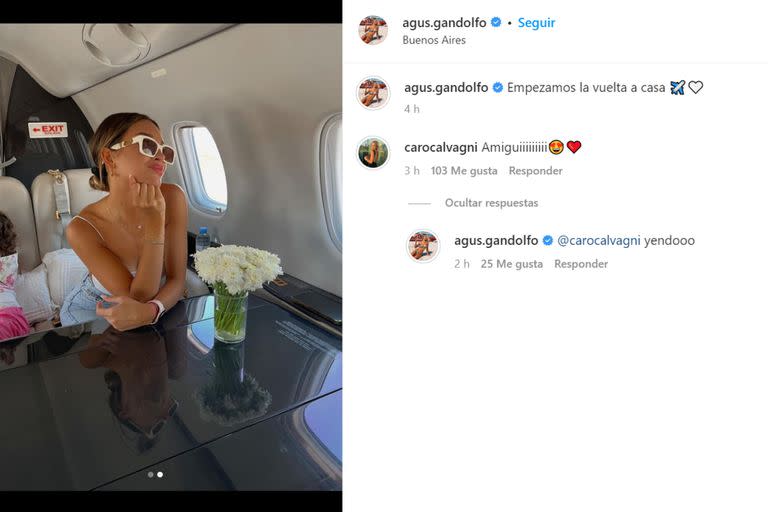 El posteo de Agustina Gandolfo y el comentario de Carolina Calvagni en Instagram