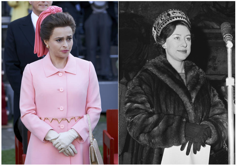 This combination of photos shows actress Helena Bonham Carter, portraying Princess Margaret, in a scene from the third season of "The Crown," left, and Princess Margaret attending the Abbey Treasures Exhibition in the Norman Undercroft of Westminster Abbey in London on Jan. 13, 1966. The popular series based on the British royal family debuts Sunday on Netflix. (Netflix, left, and AP Photo)