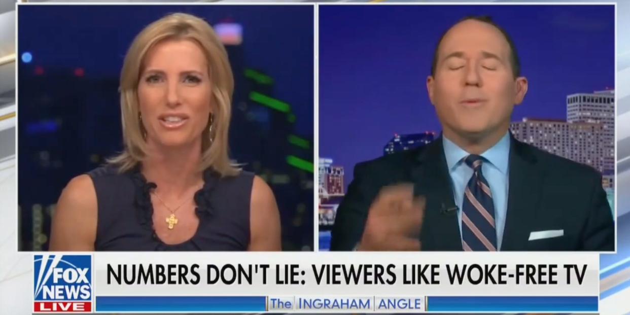 A screenshot of Fox News' "The Ingraham Angle" with a side-by-side of Ingraham and guest Raymond Arroyo. The Chyron reads: "Numbers don't lie: Viewers like woke-free TV."