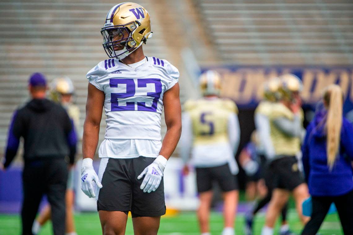 Washington defensive back Mishael Powell waits his turn during drills at spring practice on Wednesday, March 30, 2022, at Husky Stadium in Seattle, Wash.