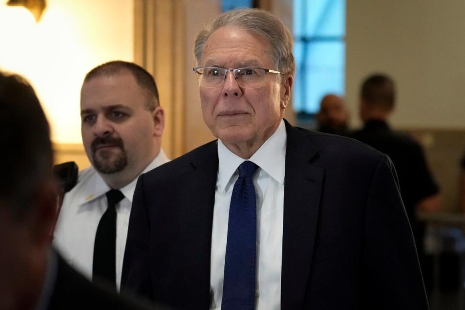 Wayne LaPierre, CEO of the National Rifle Association, arrives at court in New York, Jan. 8, 2024. Closing arguments are expected in state Supreme Court in Manhattan, Thursday, Feb. 15, 2024 (AP)