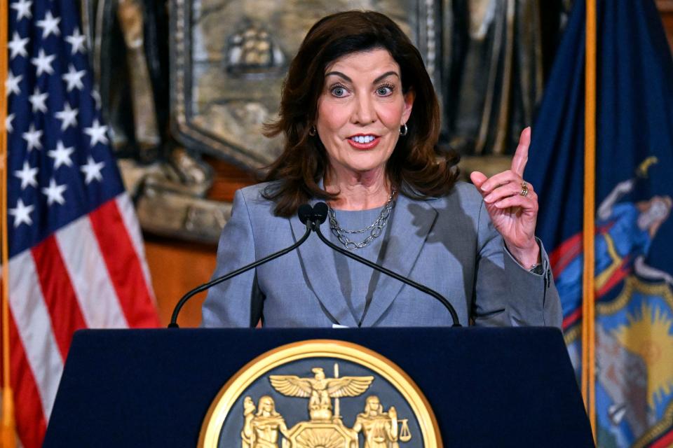 FILE - New York Gov. Kathy Hochul speaks to reporters in the Red Room at the state Capitol on July 1, 2022.