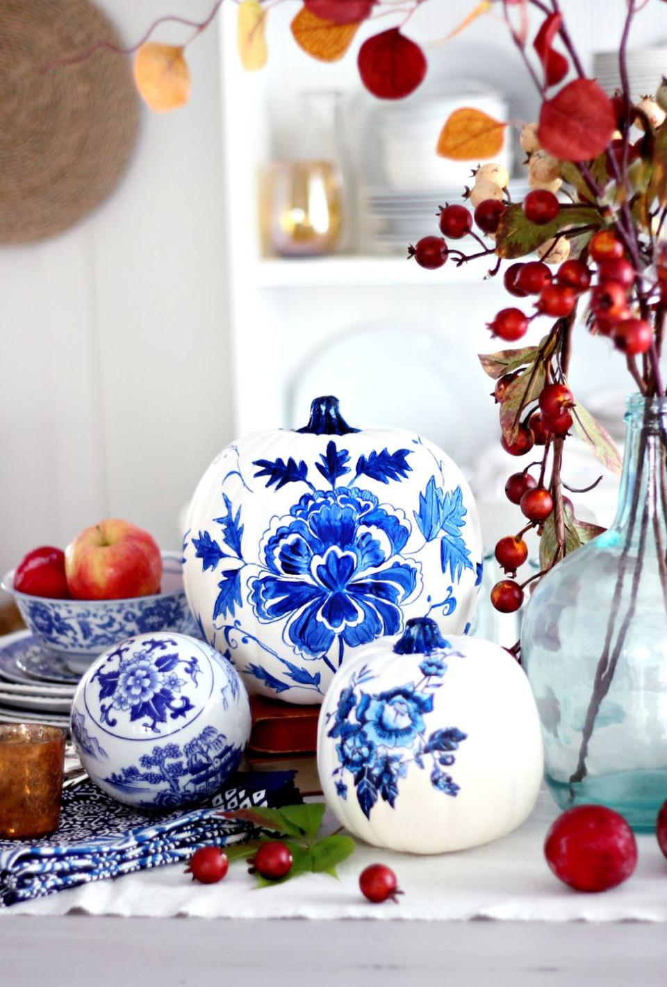 <p> Take your fave china pattern to your pumpkins. All you need is a stencil and <a href="https://www.amazon.com/Uchida-200-C-3-Marvy-Color-Marker/dp/B003W0K7HG?tag=syn-yahoo-20&ascsubtag=%5Bartid%7C10052.g.38066841%5Bsrc%7Cyahoo-us" rel="nofollow noopener" target="_blank" data-ylk="slk:paint marker;elm:context_link;itc:0;sec:content-canvas" class="link ">paint marker</a> to recreate every detail. </p><p>Get the tutorial at <a href="http://www.craftberrybush.com/2015/09/blue-porcelain-craft-pumpkin-and-free-printable.html" rel="nofollow noopener" target="_blank" data-ylk="slk:Craftberry Bush;elm:context_link;itc:0;sec:content-canvas" class="link ">Craftberry Bush</a>.</p>