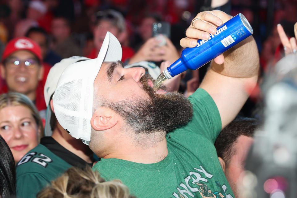 Philadelphia Eagles' Jason Kelce chugs a Bud Light during the first round of the NFL Draft on April 27, 2023, at Union Station in Kansas City, MO. (Photo by Scott Winters/Icon Sportswire via Getty Images)