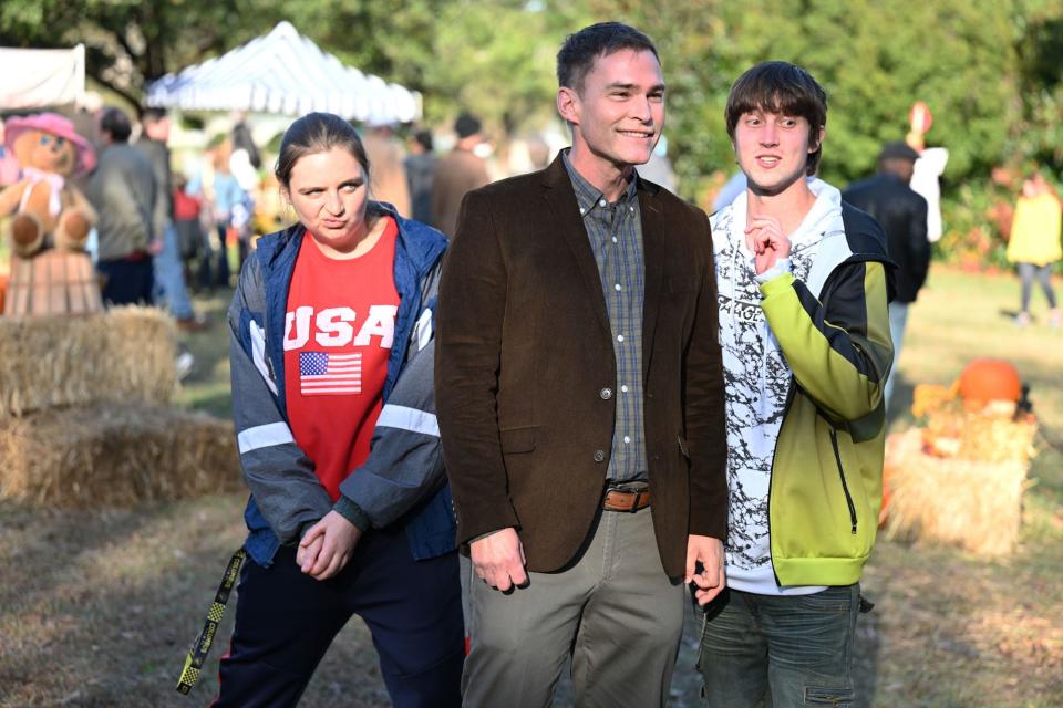 From left, Holmes, Seann William Scott and Sam Straley in "Welcome to Flatch" premiering Thursday, March 17.