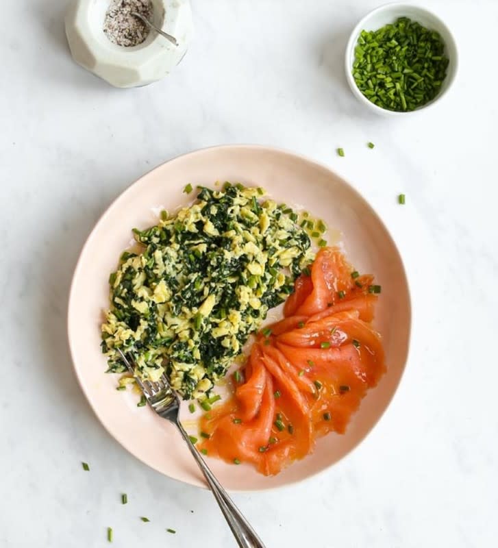 <p>Don't let a busy morning stop you from having a delicious breakfast. If you're hungry and have five minutes, you can make these simple low-carb green eggs with smoked salmon.</p><p><strong>Get the recipe: <a href="https://ketodietapp.com/Blog/lchf/low-carb-green-eggs-with-smoked-salmon" rel="nofollow noopener" target="_blank" data-ylk="slk:Green Eggs with Smoked Salmon;elm:context_link;itc:0;sec:content-canvas" class="link ">Green Eggs with Smoked Salmon </a></strong></p>