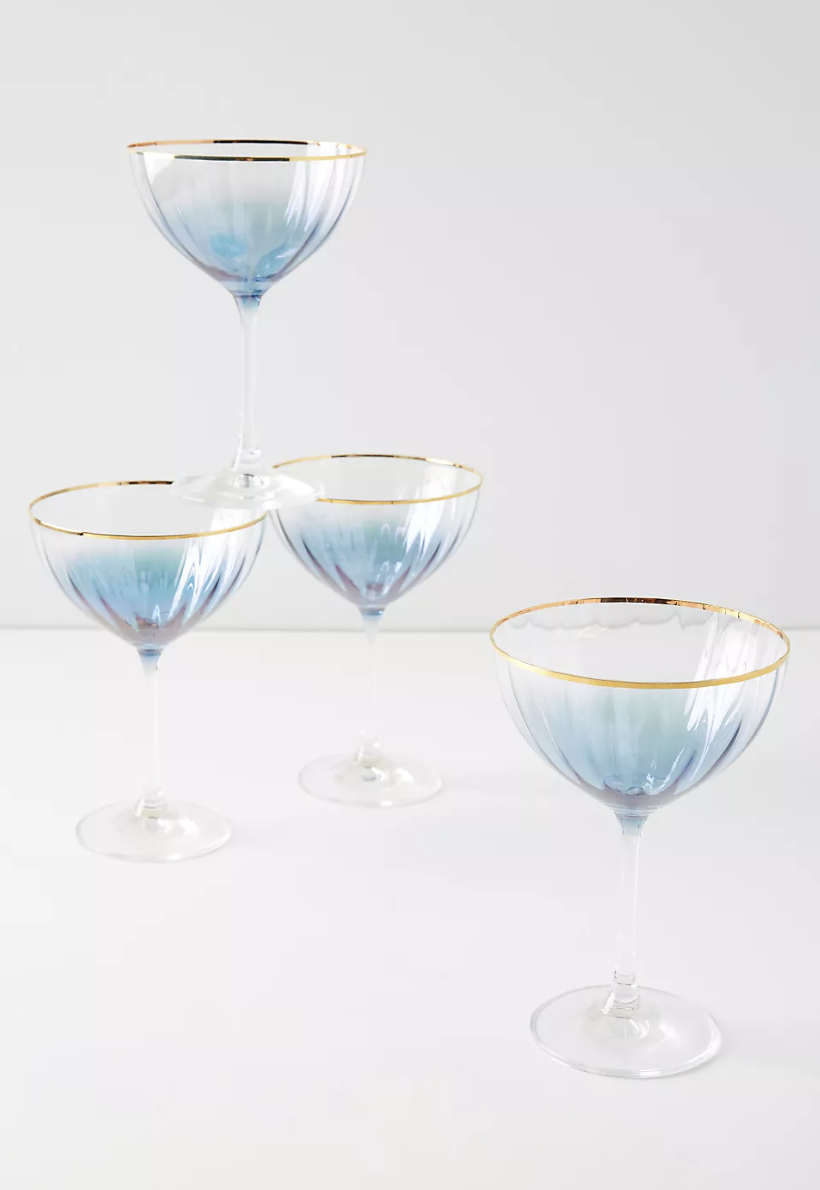 Waterfall Coupe Glasses in light blue with gold rim (photo via Anthropologie)