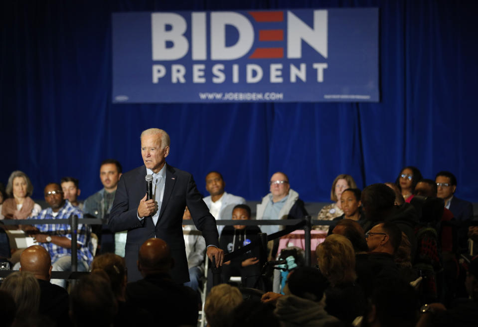 Former Vice President and Democratic presidential candidate Joe Biden speaks at a campaign event, Saturday, Nov. 16, 2019, in Las Vegas. (AP Photo/John Locher)