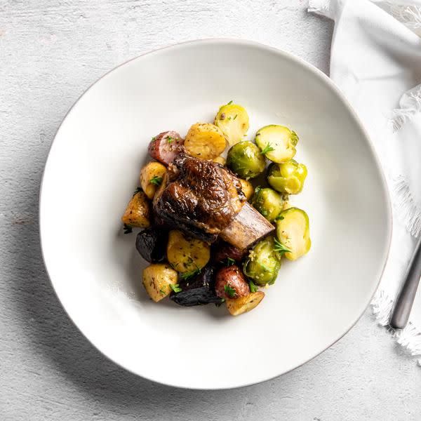 4) Chianti Braised Short Ribs with Roasted Garlic Marble Potatoes and Brussel Sprouts