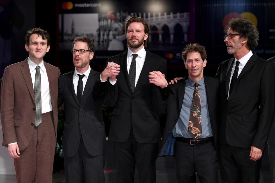 VENICE, ITALY - AUGUST 31:  (L-R) Harry Melling, Ethan Coen, Bill Heck, Tim Blake Nelson, Joel Coen walk the red carpet ahead of the 'The Ballad of Buster Scruggs' screening during the 75th Venice Film Festival at Sala Grande on August 31, 2018 in Venice, Italy.  (Photo by Daniele Venturelli/Daniele Venturelli/WireImage)