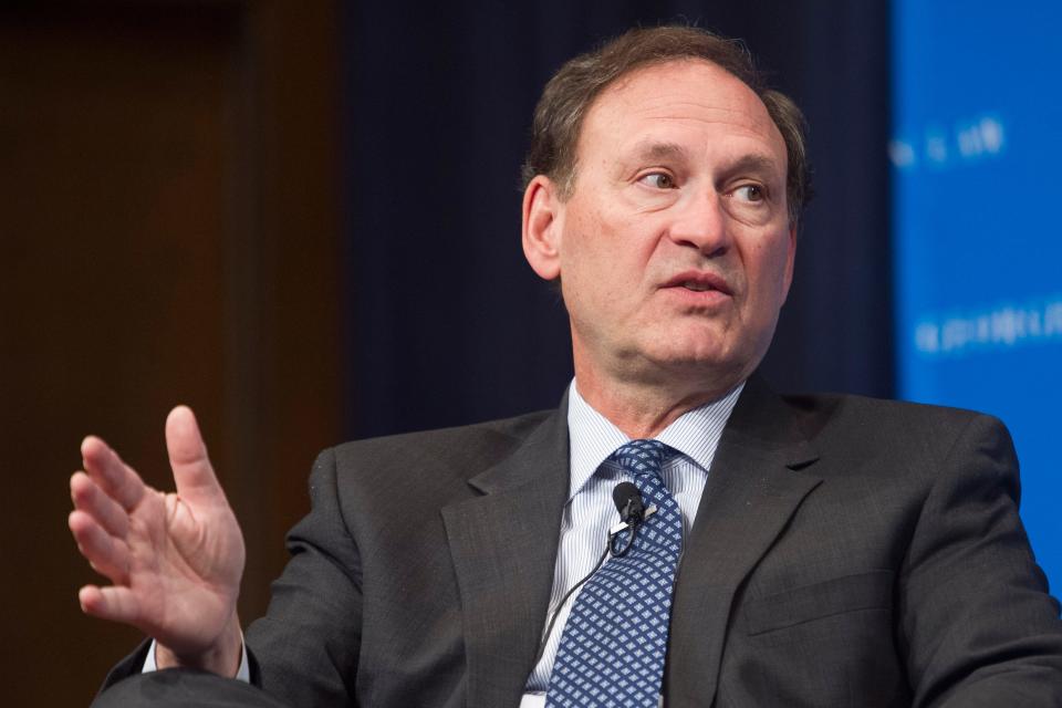 Supreme Court Justice Samuel Alito gestures while speaking at Georgetown University Law Center's third annual Dean's Lecture to the Graduation Class,  in Washington, Tuesday, Feb. 23, 2016. (AP Photo/Cliff Owen) ORG XMIT: DCCO104