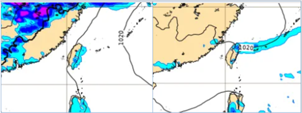 最新（21日20時）歐洲（ECMWF）模式，23日20時地面氣壓及降水模擬圖顯示（左圖），高壓迴流、東半部偶有局部短暫雨。26日20時模擬圖則顯示（右圖），微弱鋒面下午抵達，北部、東半部轉有局部短暫雨。取自氣象應用推廣基金會