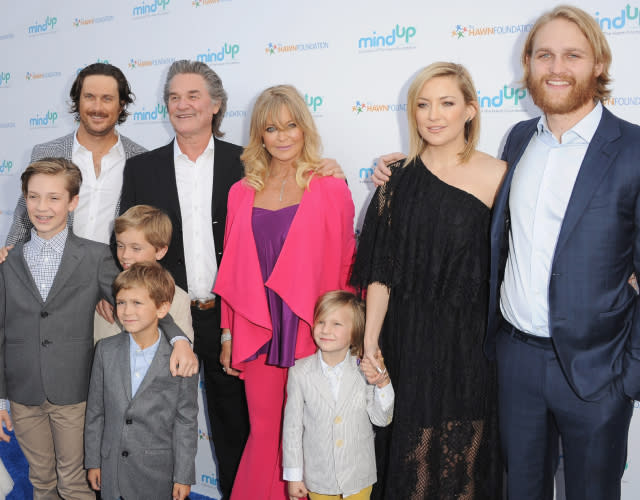 BEVERLY HILLS, CA – MAY 06: Actors Oliver Hudson, Kurt Russell, Goldie Hawn, Kate Hudson, and Wyatt Russell arrive at Goldie Hawn And Kurt Russell Host Annual Goldie’s Love In For Kids at Ron Burkle’s Green Acres Estate on May 6, 2016 in Beverly Hills, California. <em>Photo by Jon Kopaloff/FilmMagic.</em>