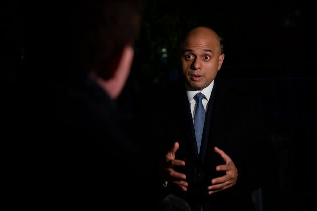 Sajid Javid speaks to the media following a visit to Abbey vaccine centre in central London. (Photo: Aaron Chown - PA Images via Getty Images)