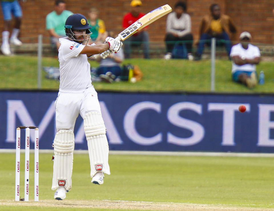 Sri Lanka's Kusal Mendis plays a shot, during their third day of the second cricket test at St. George's Park in Port Elizabeth, South Africa between South Africa and Sri Lanka Saturday Feb. 23, 2019. (AP Photo/Michael Sheehan)