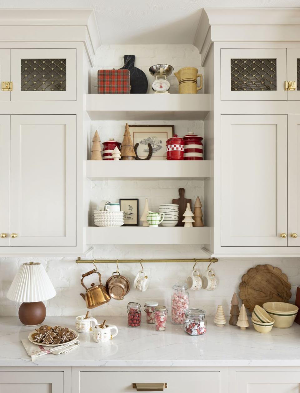 open shelving in a white kitchen