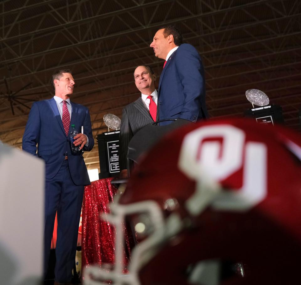 OU football coach Brent Venables speaks with athletic director Joe Castiglione and president Joseph Harroz on Dec. 6, 2021, in Norman.