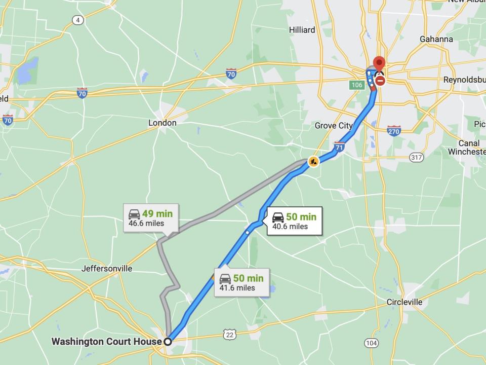 A Google Maps image of the route from Washington Court House to Columbus.