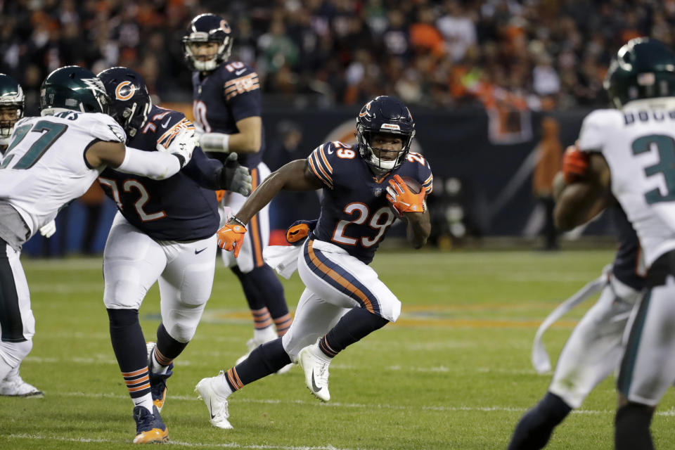 Chicago Bears running back Tarik Cohen (29) rushes for yardage during the first half of an NFL wild-card playoff football game against the Philadelphia Eagles Sunday, Jan. 6, 2019, in Chicago. (AP Photo/Nam Y. Huh)