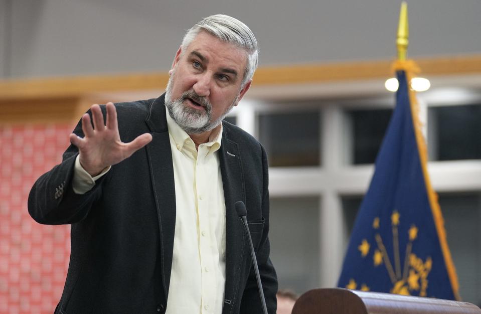 Indiana Governor Eric Holcomb addresses members of the media, sharing his plans and priorities for the coming year, on Wednesday, Jan. 4, 2023, at Liberty Park Elementary School in Indianapolis.