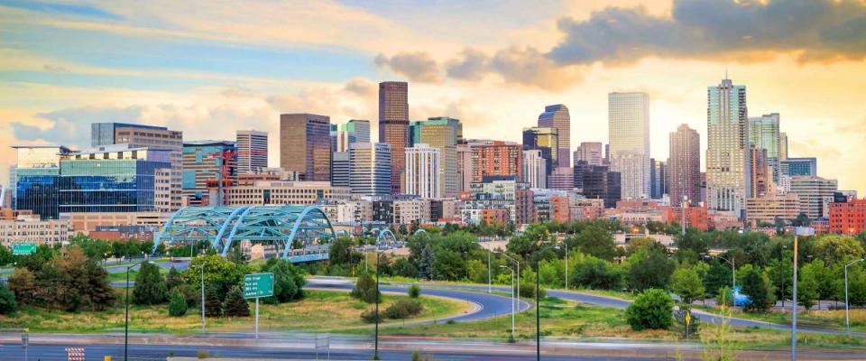 Panorama of Denver skyline long exposure at twilight.