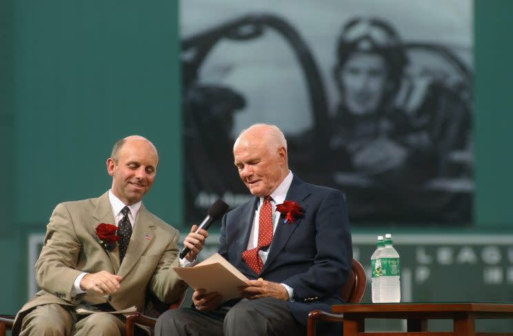 John Glenn spoke about Ted Williams at Fenway Park in 2002. (Getty Images/Darren McCollester)