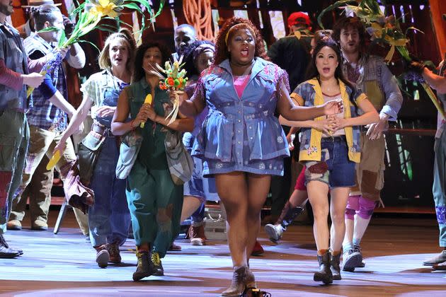 Alex Newell (center) and the cast of &#x00201c;Shucked&#x00201d; perform at the 2023 Tony Awards. 