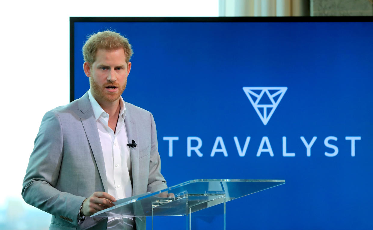 The Duke of Sussex speaking in the A'DAM Tower in Amsterdam during the launch of a new travel industry partnership. (Photo by Gareth Fuller/PA Images via Getty Images)