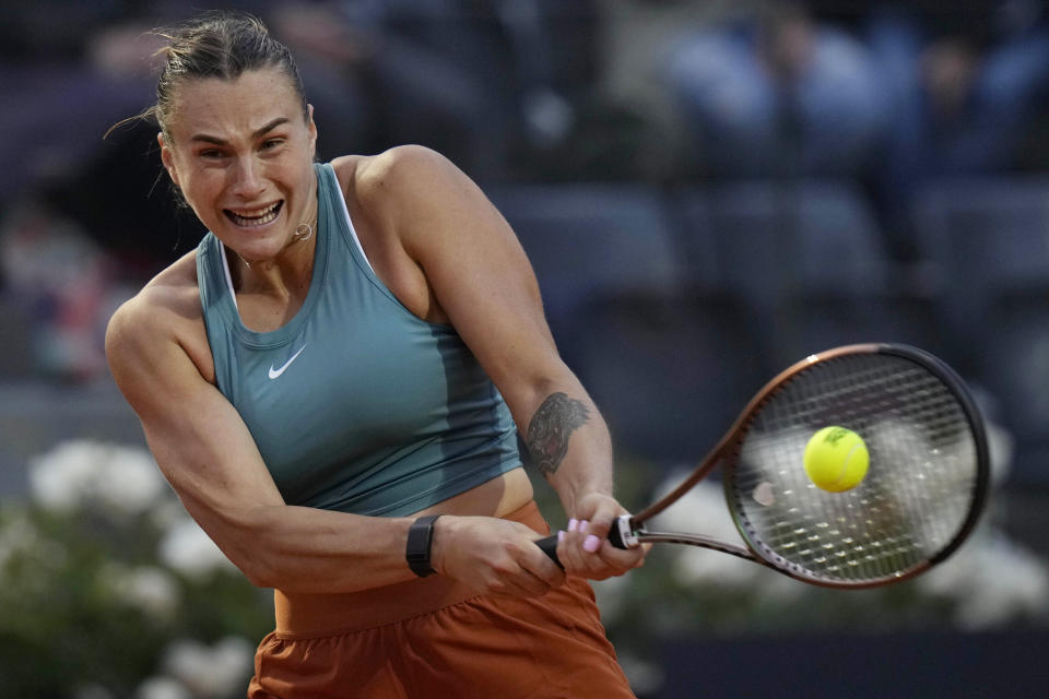 FILE - Belarus' Aryna Sabalenka returns the ball to Sofia Kenin, of the United States, during their match at the Italian Open tennis tournament, in Rome, Thursday, May 11, 2023. Play begins at the French Open on Sunday, May 28, 2023. (AP Photo/Alessandra Tarantino, File)