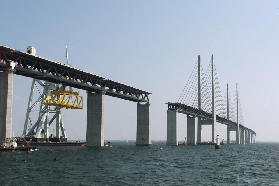 This is an undated photo showing the Oresund bridge which will tie Sweden and Denmark by road. The construction is a combined road-and-rail link and is 16-kilometer (10 miles) long . The final section goes into place Saturday, August 14, 1999. (AP Photo/Nordfoto, Soeren Steffen )