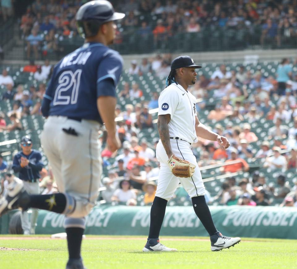 Tigers reliever Gregory Soto walks in a second run during  the ninth inning against the Rays on Aug. 7, 2022 at Comerica Park. Soto suffered the loss.