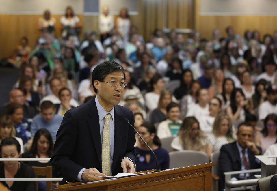 State Sen. Dr. Richard Pan, D-Sacramento, urges lawmakers to approve his proposal to give state public health officials instead of local doctors the power to decide which children can skip their shots before attending school, at the Capitol Wednesday, April 24, 2019, in Sacramento, Calif. Pan, a pediatrician, said his legislation would give state health officials the tools they need to prevent outbreaks of vaccine-preventable diseases like measles. (AP Photo/Rich Pedroncelli)