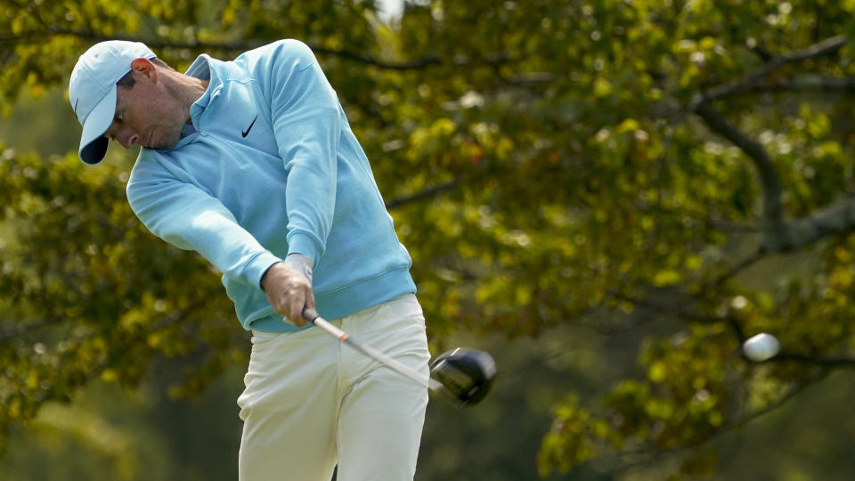 Rory McIlroy, of Northern Ireland, plays his shot from the second tee during the final round of the US Open Golf Championship, Sunday, Sept. 20, 2020, in Mamaroneck, N.Y. (AP Photo/Charles Krupa)