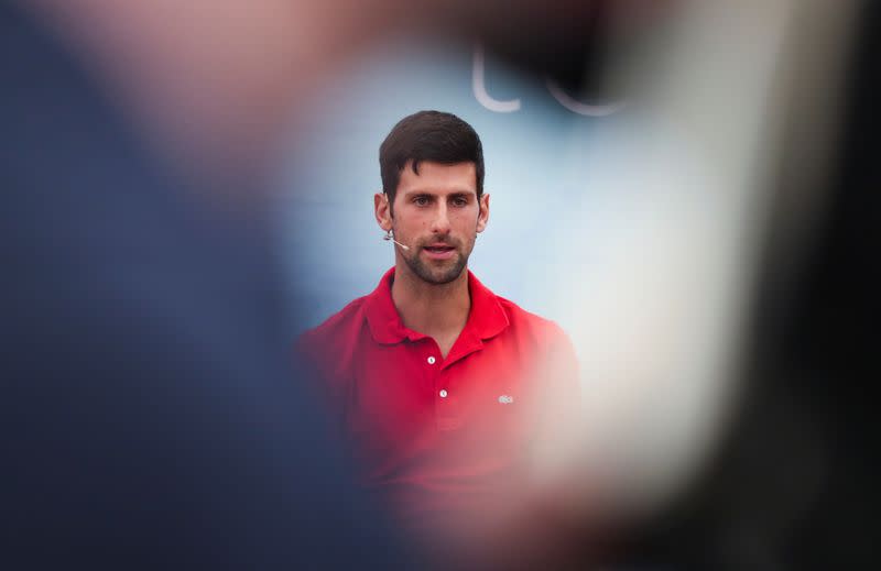 World number one tennis player Novak Djokovic holds a news conference, in Belgrade