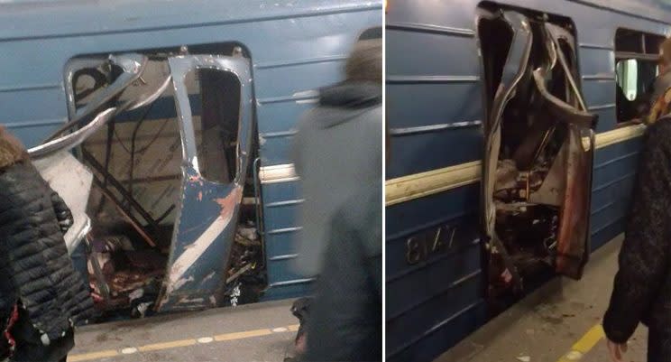 Images on social media show a train with its doors blown off (Twitter)