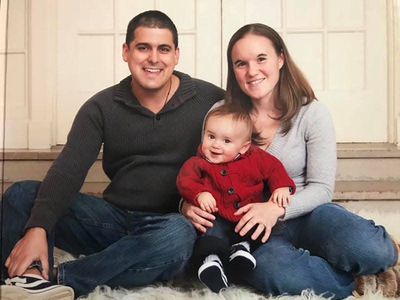 The late Dustin Rhodes and wife Rebecca and their son. Eight years ago he died after an eight-month battle with brain cancer.