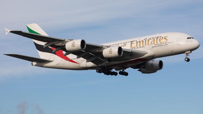 An Emirates Airbus A380 landing at London Heathrow Airport, Hounslow, United Kingdom Wednesday 14th December 2022.
