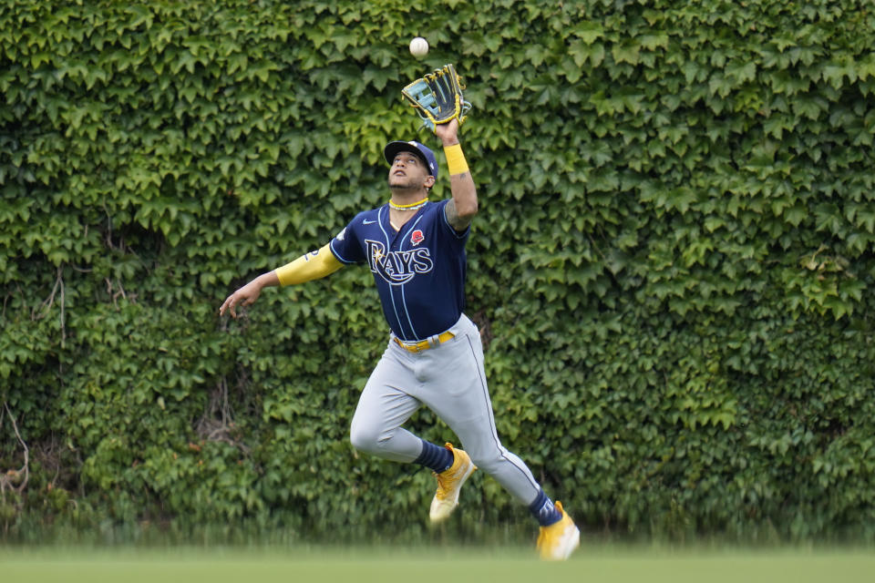 Tampa Bay Rays center fielder Jose Siri catches a hit from Chicago Cubs' Dansby Swanson during the fourth inning of a baseball game Monday, May 29, 2023, in Chicago. (AP Photo/Erin Hooley)