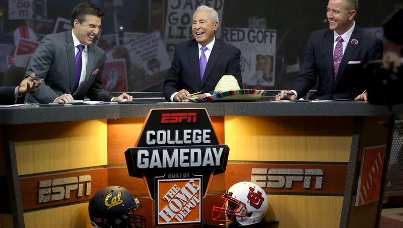 Rece Davis, Lee Corso, and Kirk Herbstreit film the ESPN “College GameDay” show at the University of Utah in Salt Lake City on Saturday, Oct. 10, 2015. For the fifth time in school history, the University of Utah will host the popular ESPN show ahead of the Utes’ home game against Oregon on Saturday, Oct. 28.