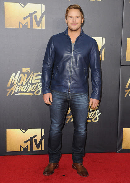 Chris Pratt in a blue leather bomber jacket 