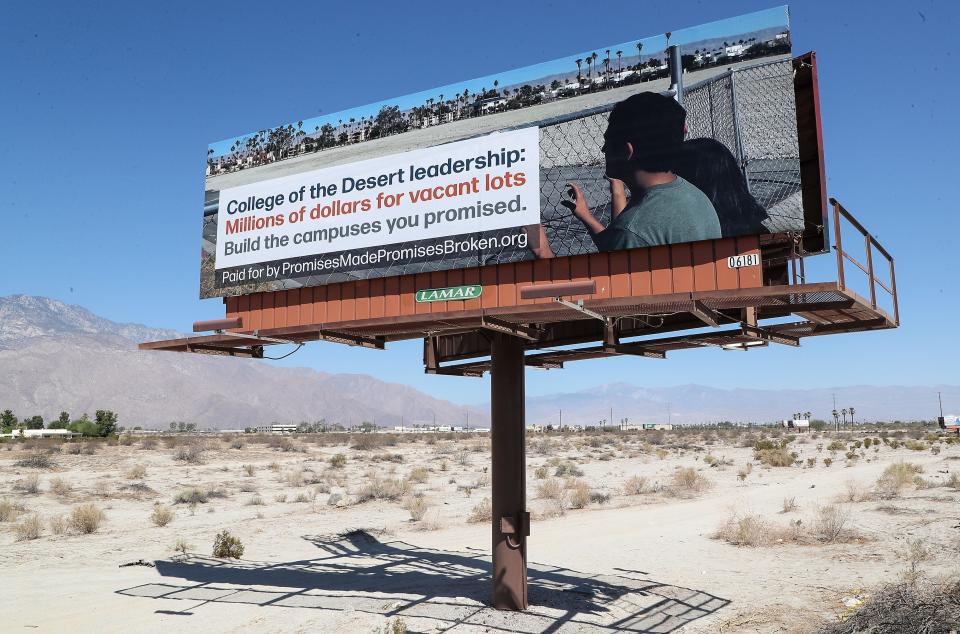 A billboard reads "College of the Desert leadership:  Millions of dollars for vacant lots Build the campuses you promised.  Paid for by PromisesMadePromisesBroken.org" near the Dinah Shore Bridge in Palm Springs, Calif., July 5, 2022.